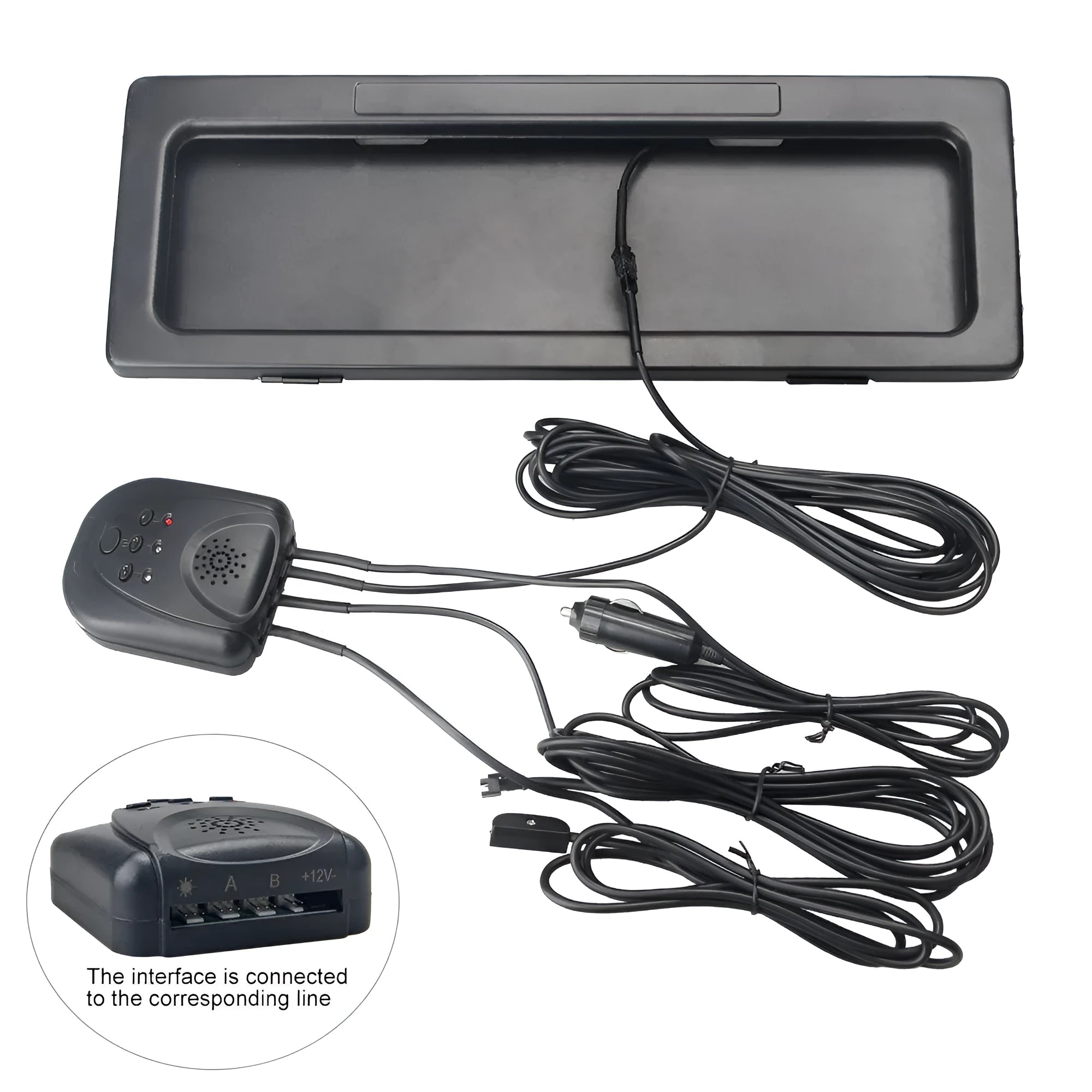 Set of two black iron license plate frames for Australian standard electric vehicle plates, pack dimensions 42.5x16x6cm