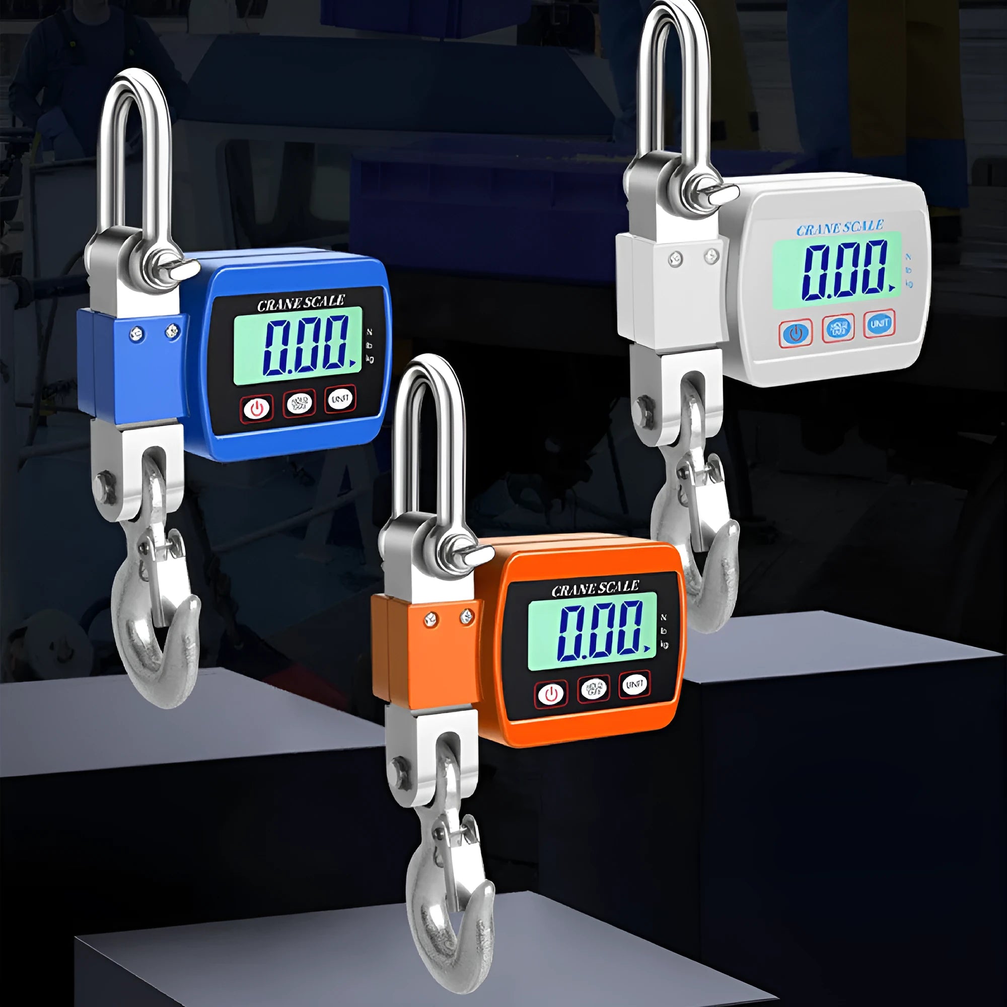 Electronic hook scale digital display showing weight measurement with metal hook