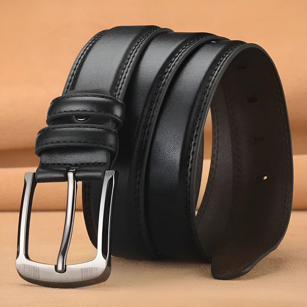 Men's pin buckle cowhide belt in black with alloy buckle and patent leather finish