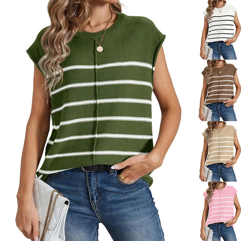 Women's striped sleeveless pullover vest in apricot colour showing seam bone stitching detail.