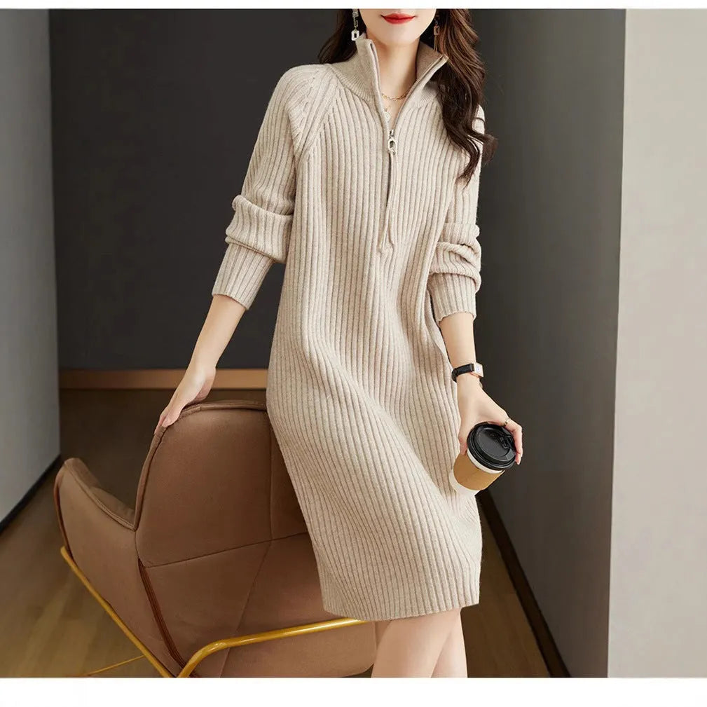 Beige woolen straight dress skirt with half zipper and stand collar, Japanese Korean casual style