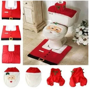 Flannel Christmas bathroom set with Santa toilet cover, shower curtain, footpad, and tank cover