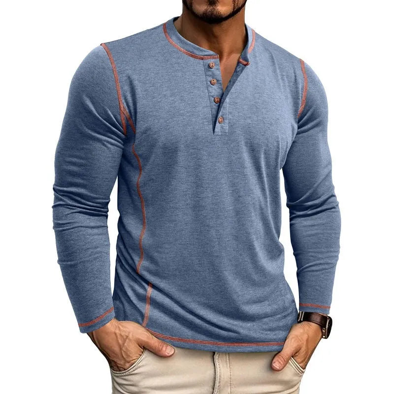 Men's cotton blend Henley shirt with four-button top, available in multiple colours and sizes S to 3XL
