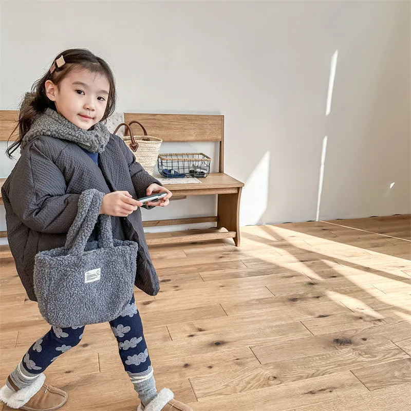 Girls winter fleece-lined cotton leggings in khaki, high waist elastic, size for 100cm height