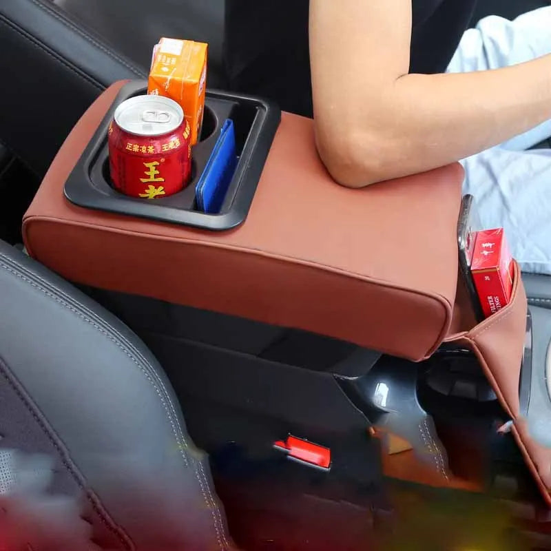 Beige leather car armrest box with cup holder and storage compartment, 35x20.5x7.5cm, universal fit