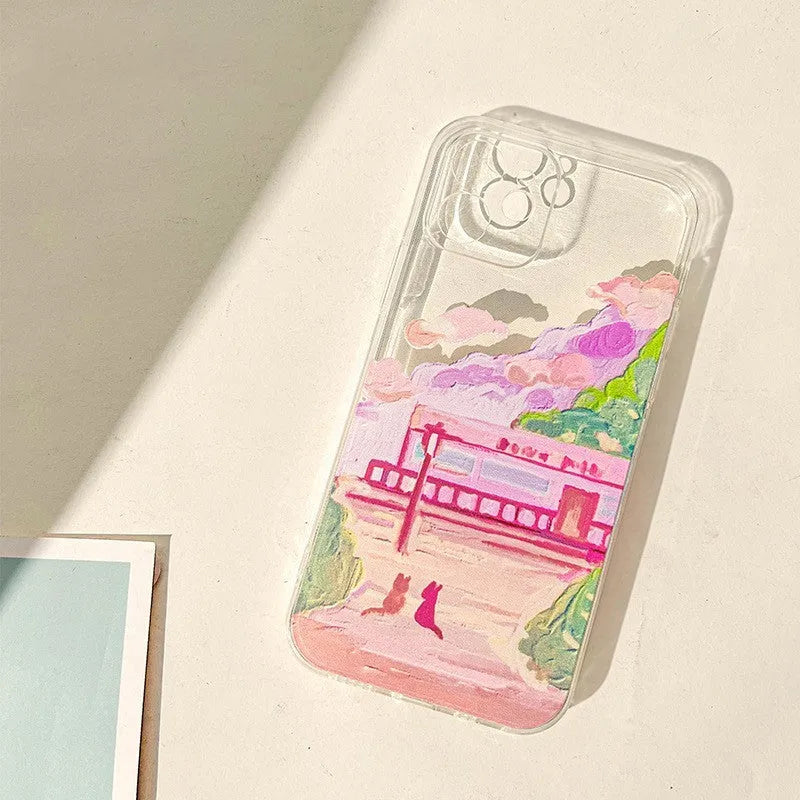 iPhone phone case with a colourful two-cats cartoon design on a white polycarbonate rear cover.
