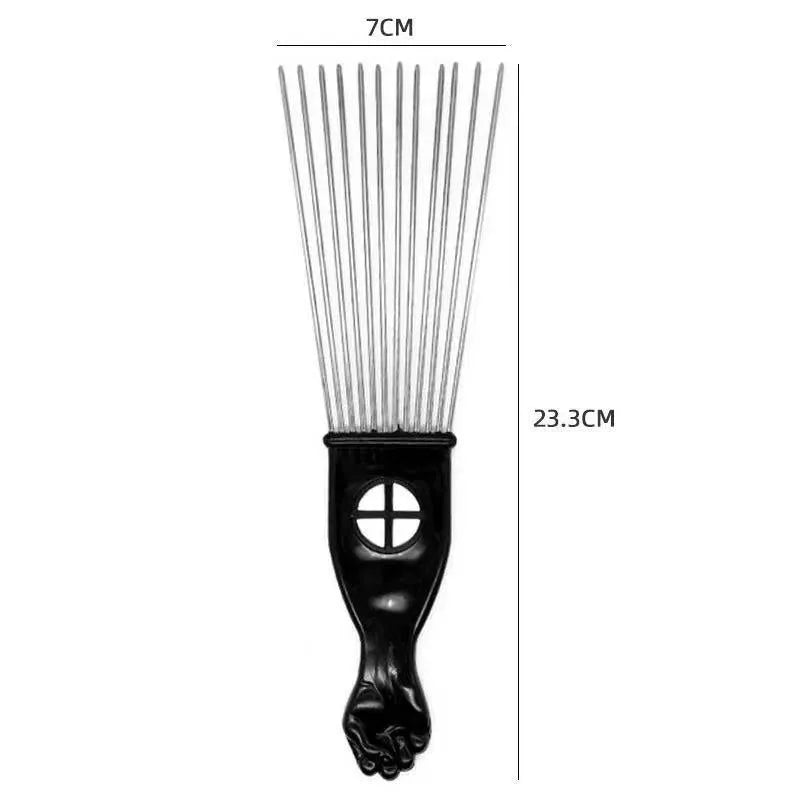 Male creative portable steel needle comb in plastic, over 20cm long, with steel teeth on a light background.