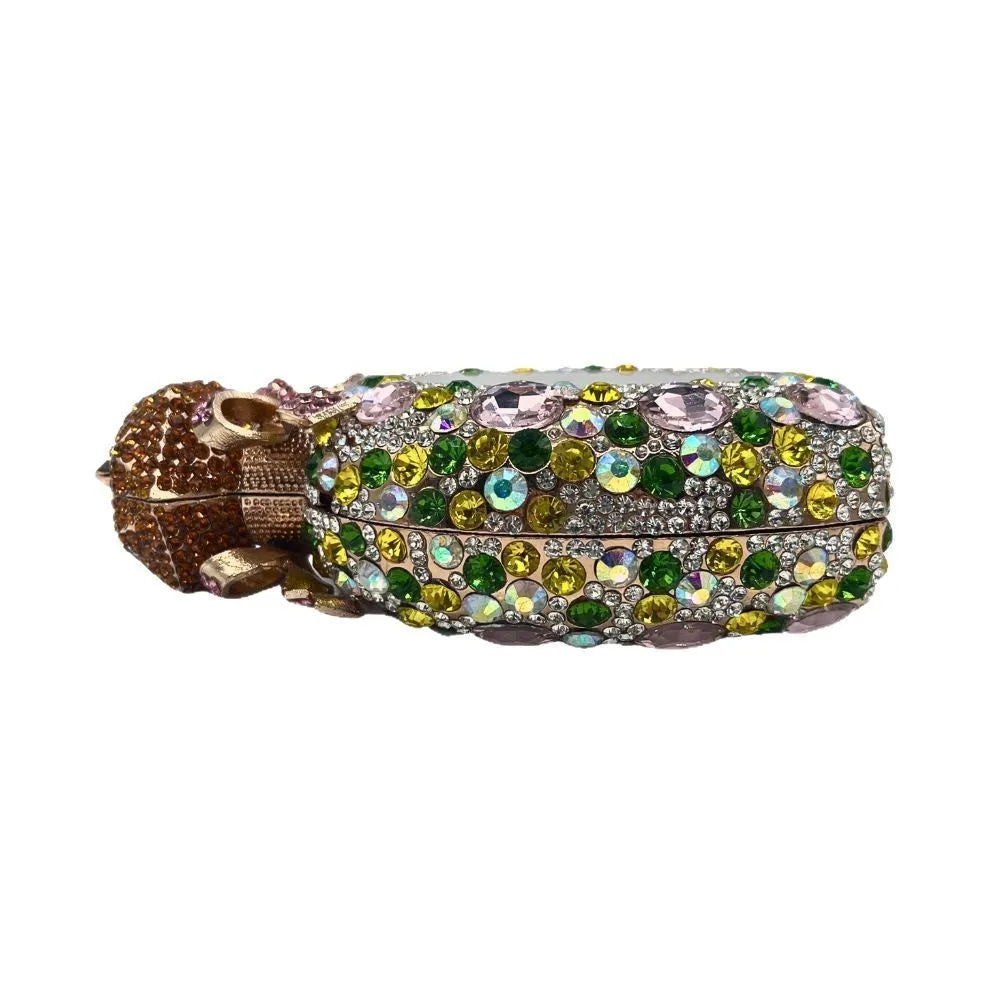 Women's alloy clutch bag with three-dimensional design in metallic colours
