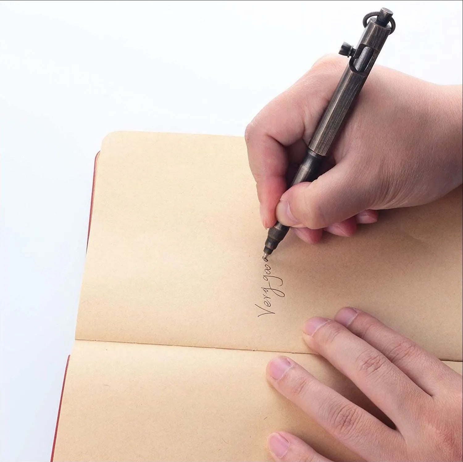 Brass hexagonal bolt tactical pen in natural brass and retro black colours, showing 13cm length.