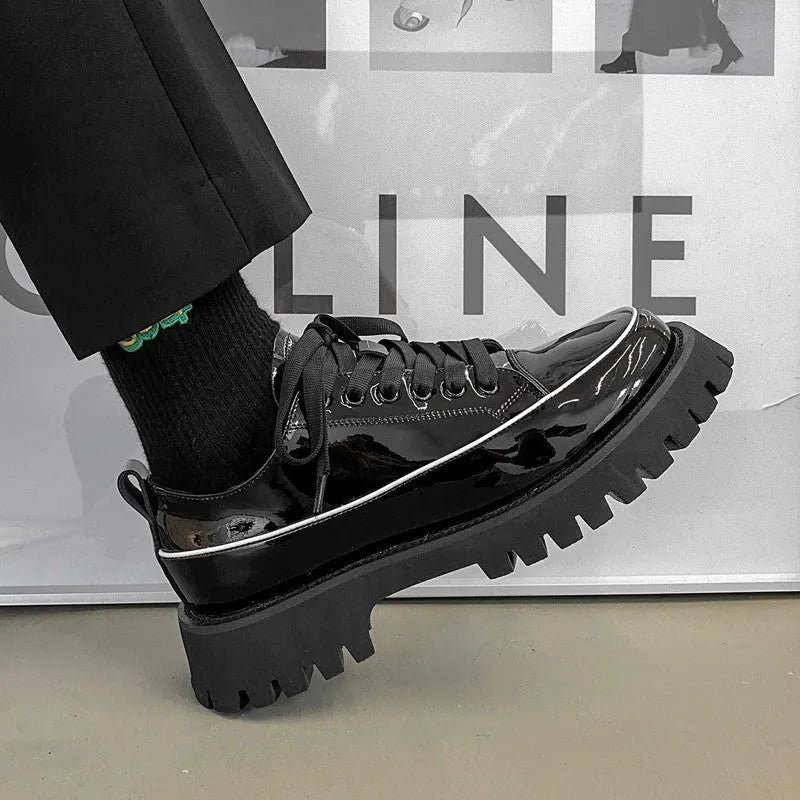 Men's casual leather platform shoes in black, cowhide upper, heavy bottomed rubber sole for height increase