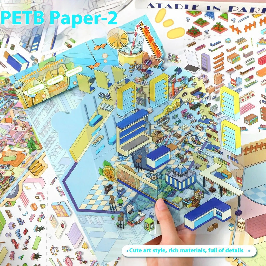 3D miniature landscape PET stickers with scene card and effect card in cartoon style