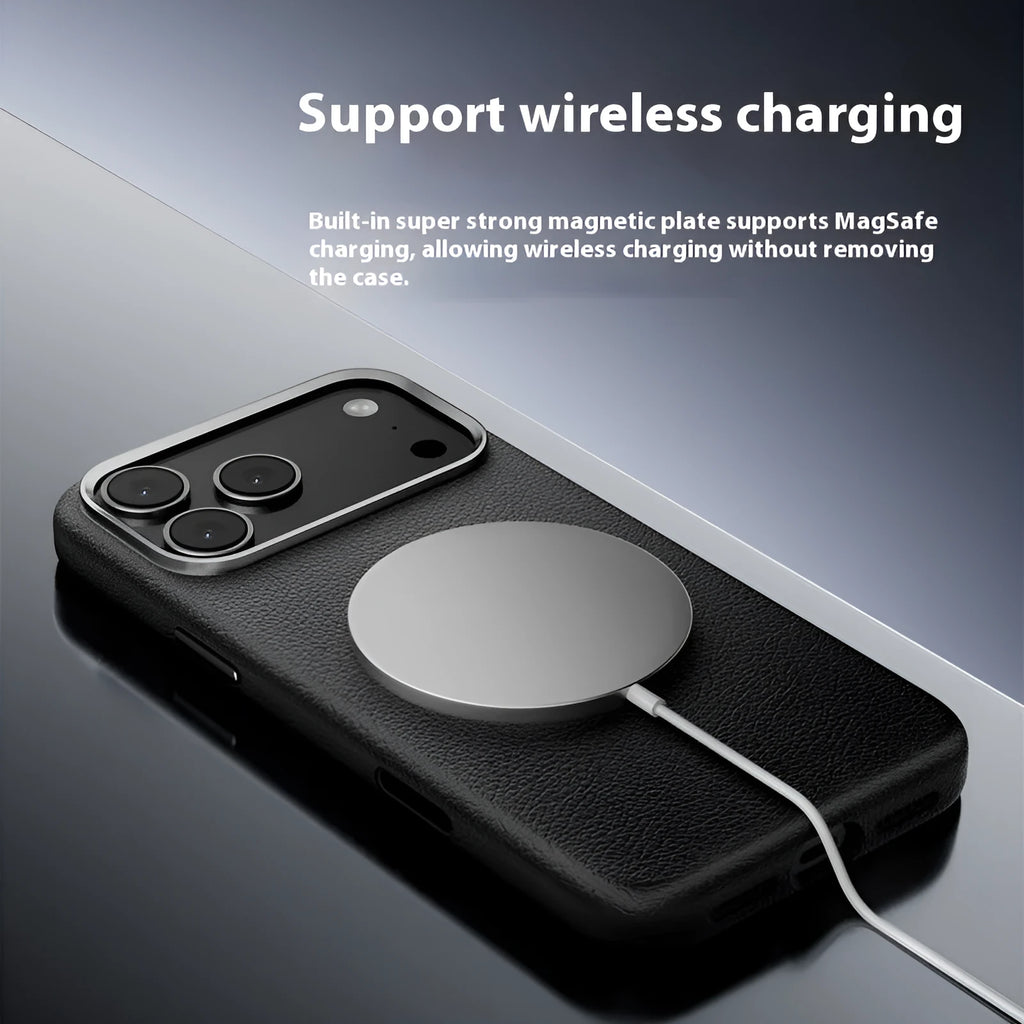 Black magnetic leather phone case for iPhone 17 Pro with electroplated finish
