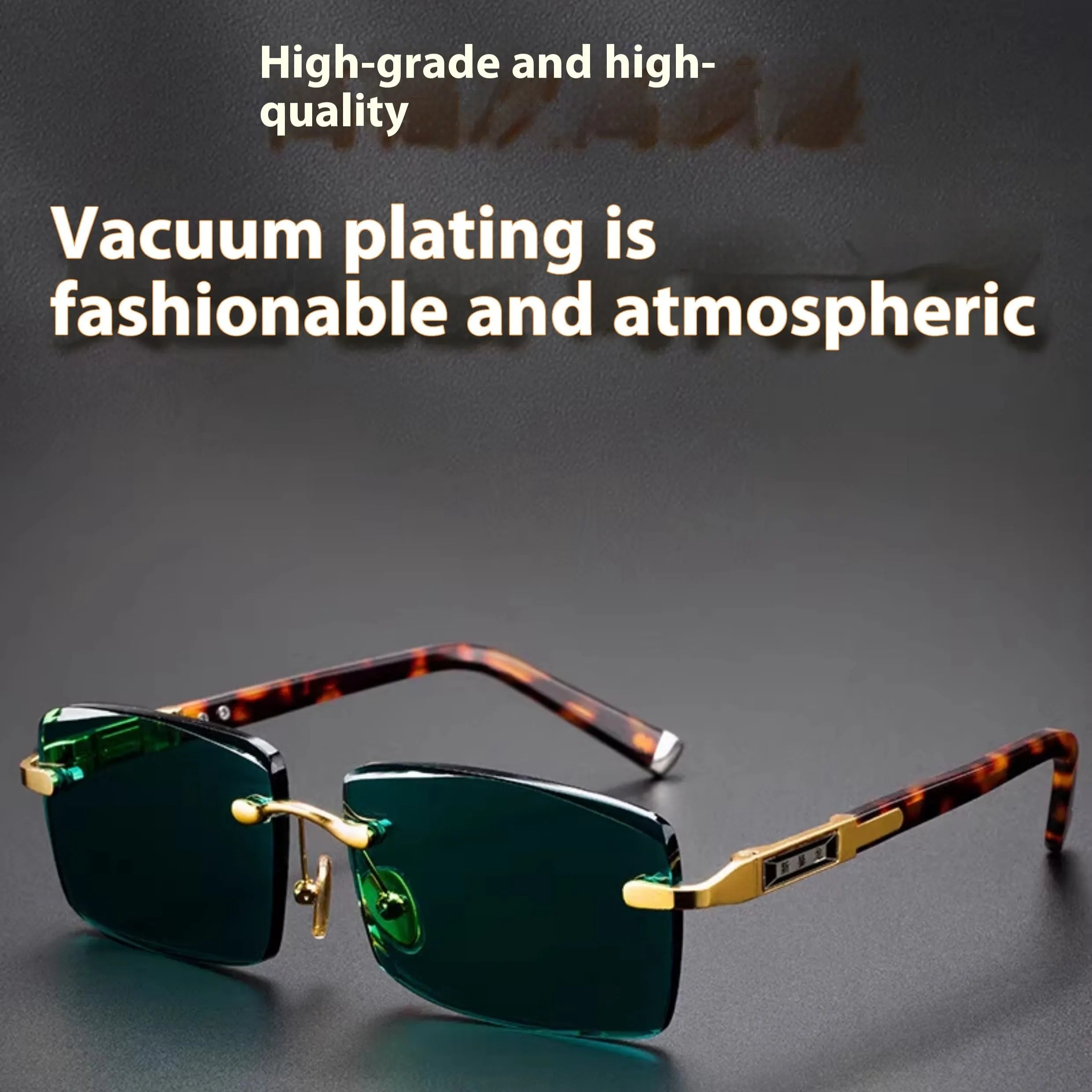 Dark green tinted frameless sunglasses with crystal lenses, shown with a hard protective case and cleaning cloth.