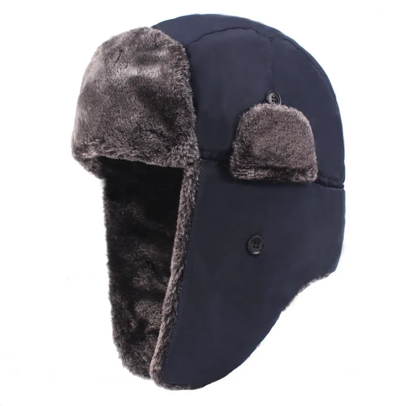 Men's thickened plus velvet ear protection hat in solid colour, cotton construction, 58cm circumference