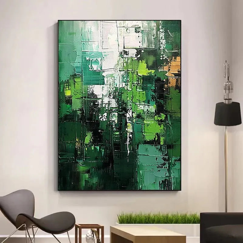 Green abstract hand-painted oil painting on canvas, unframed, with texture visible