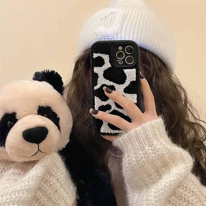 Towel embroidered black cow pattern plush back cover phone case for iPhone, Japanese Korean style