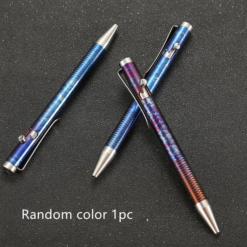 Titanium alloy gun bolt handle ball pen in a multicolour phantom finish, showing bolt action mechanism.