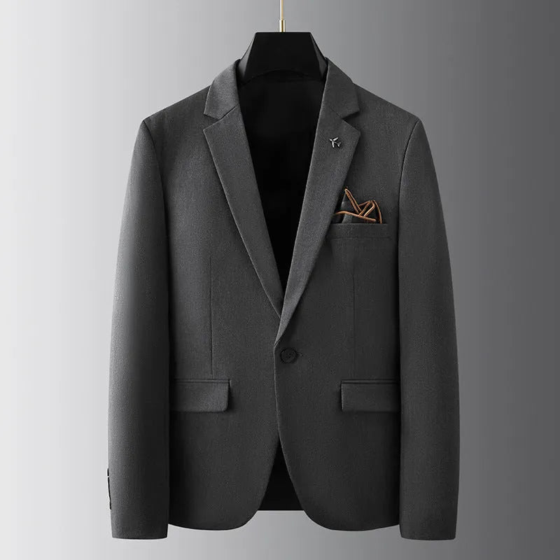 Men's slim fit casual suit set in black, three-piece, with slim tie, full body view