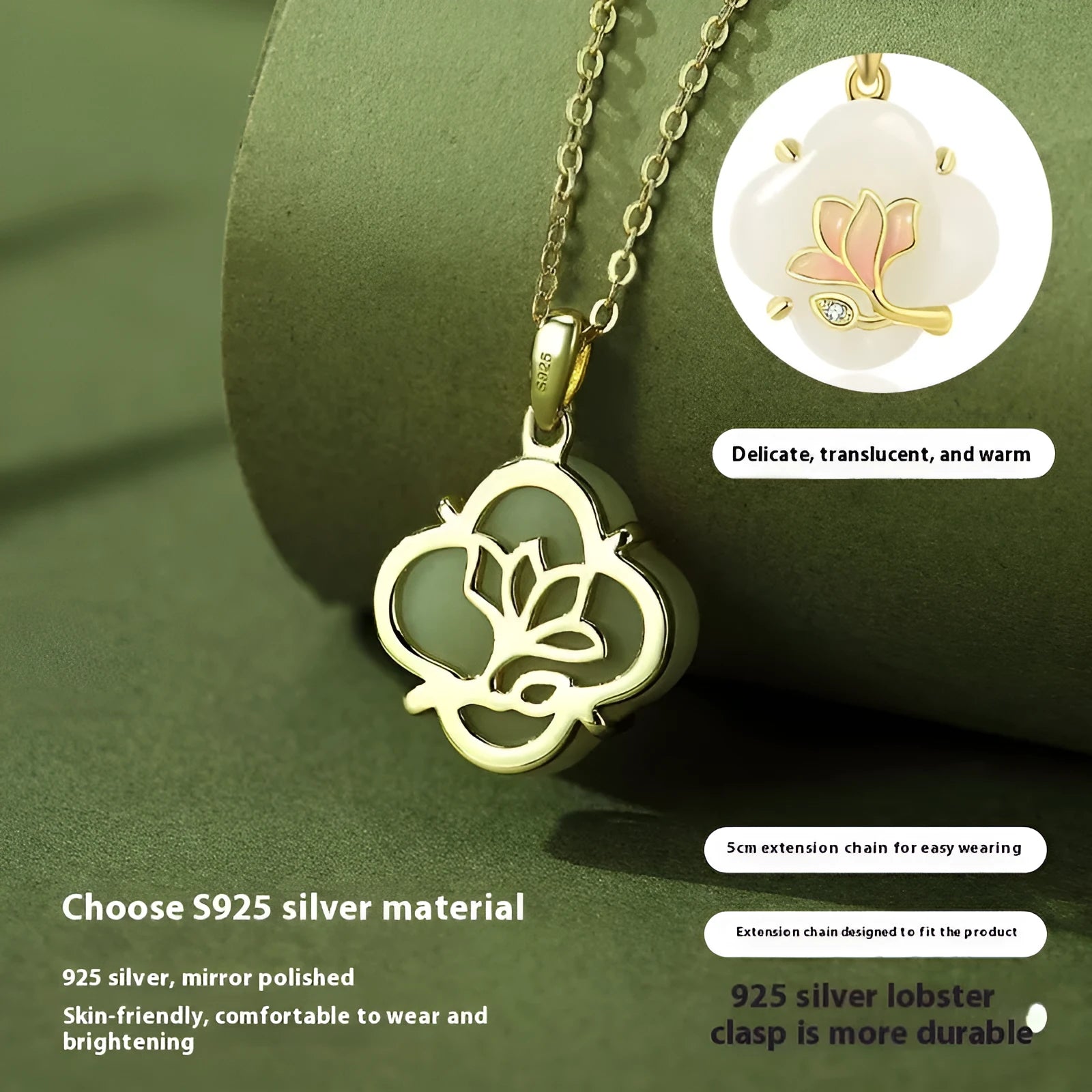 S925 sterling silver magnolia necklace, bracelet, and ear studs set with inlaid Hetian jade in a New Chinese floral style.