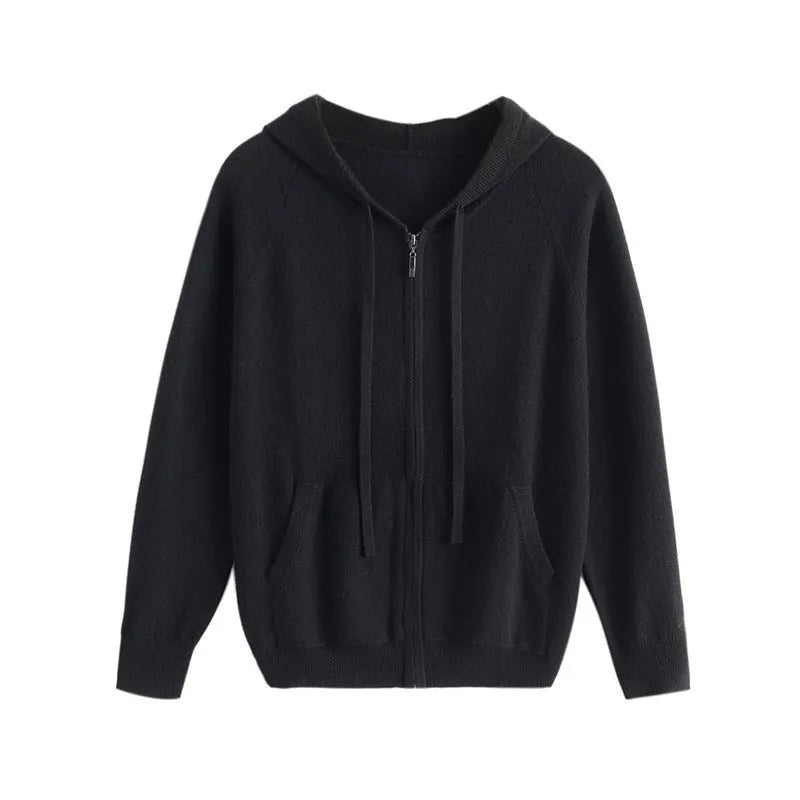Men's hooded cashmere cardigan with zipper front in solid colours for work wear
