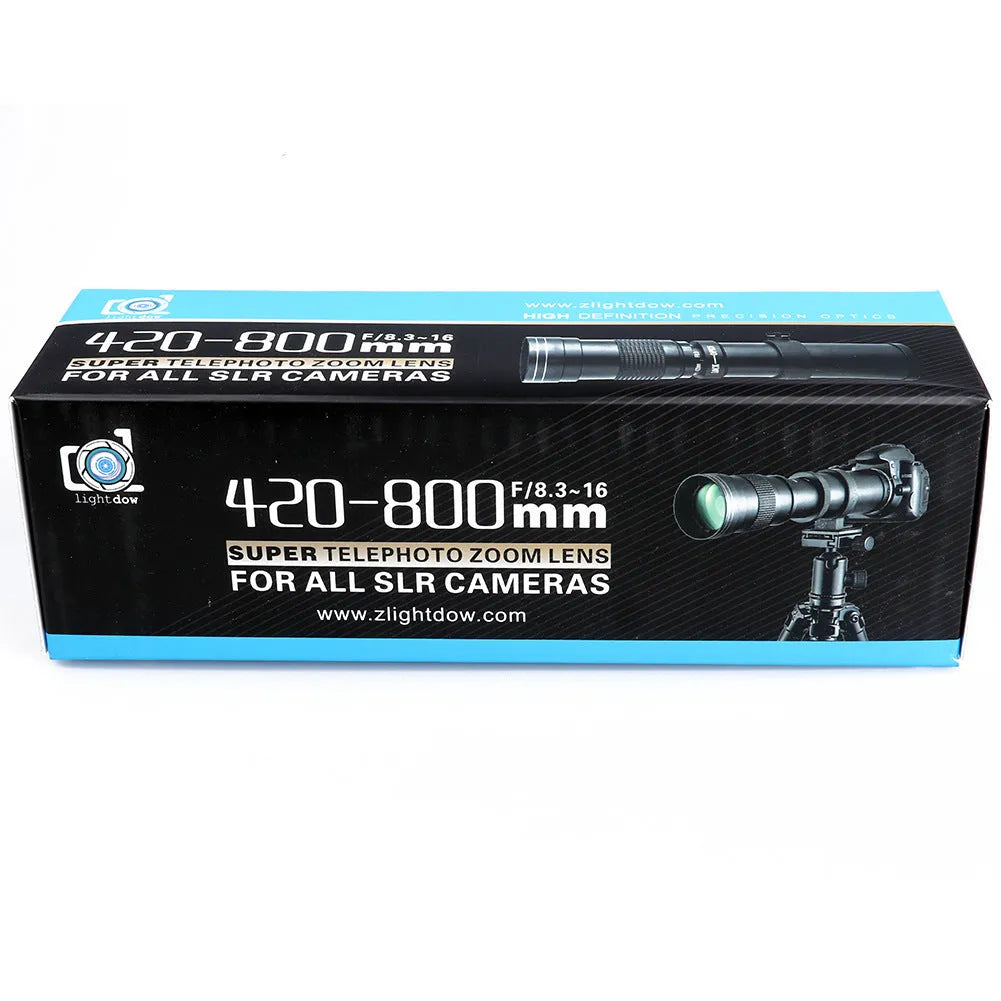 420-800mm manual zoom camera lens adapter with 67mm filter thread shown extended