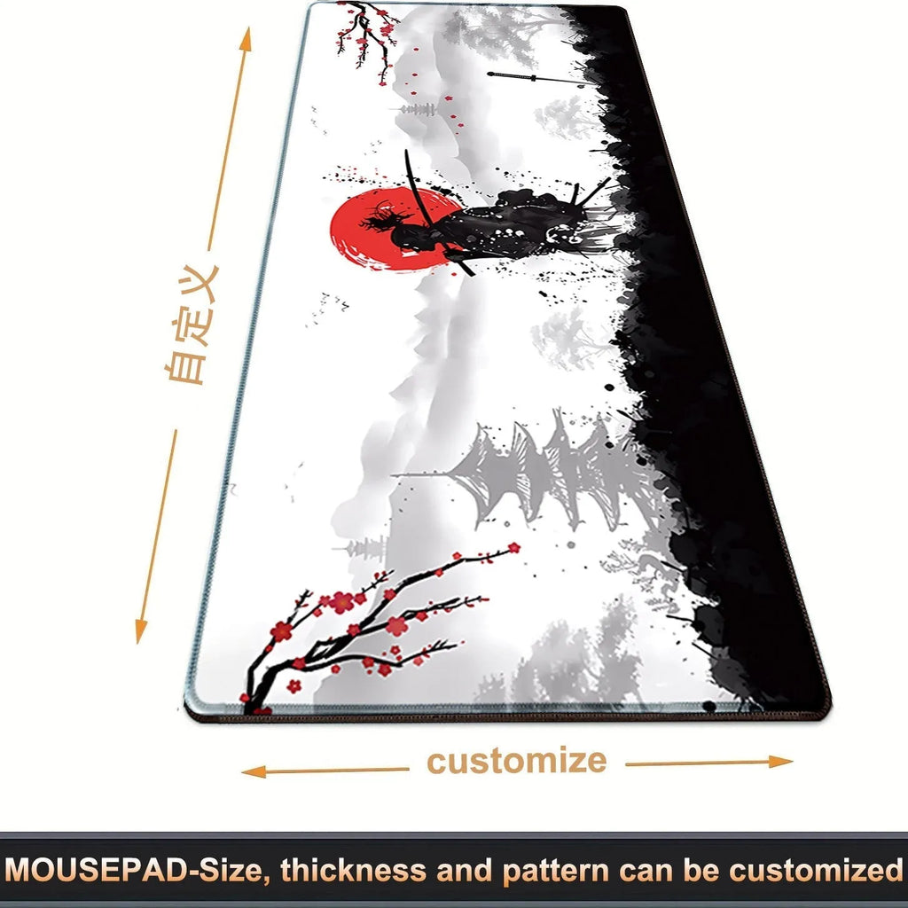 Large black gaming mouse pad with Japanese samurai warrior print and non-slip rubber base on a wooden desk.