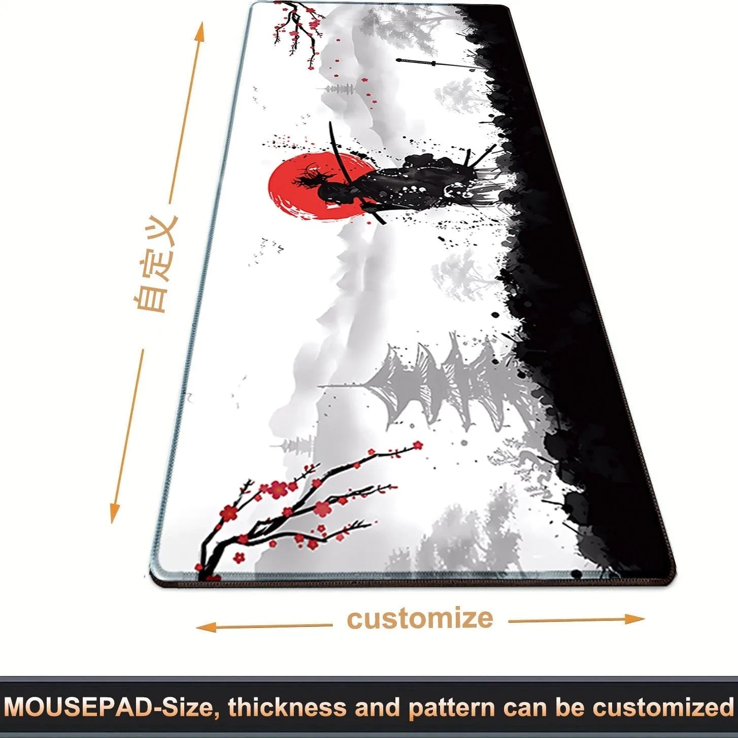 Large black gaming mouse pad with Japanese samurai warrior print and non-slip rubber base on a wooden desk.