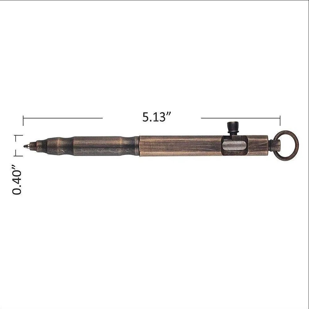 Brass hexagonal bolt tactical pen in natural brass and retro black colours, showing 13cm length.