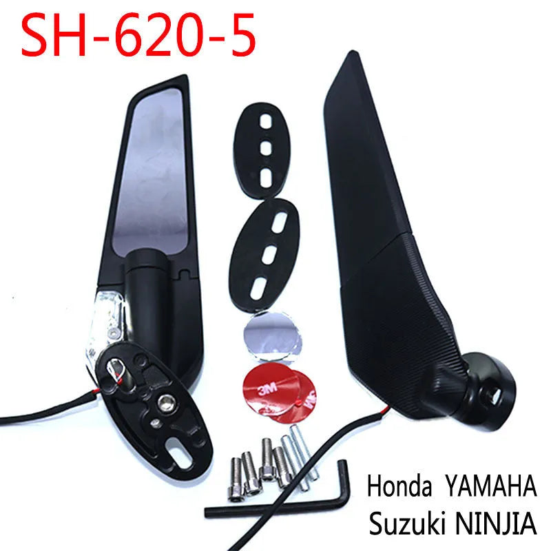 Pair of aluminium motorcycle rearview mirrors with convex lenses and integrated yellow running lights.