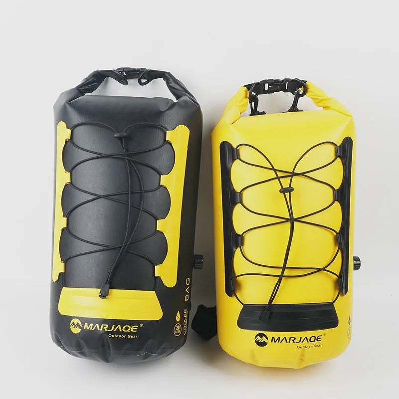 Yellow and black 20-litre waterproof PVC backpack for camping with dry-wet separation compartment.