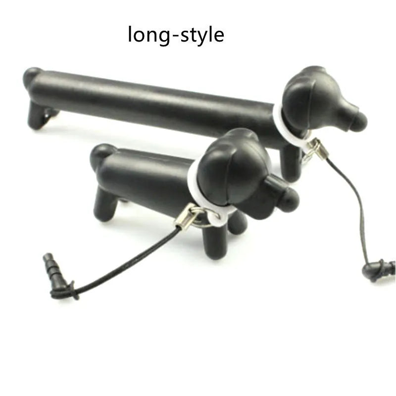 Black dog-shaped touch screen stylus shown with phone holder configuration