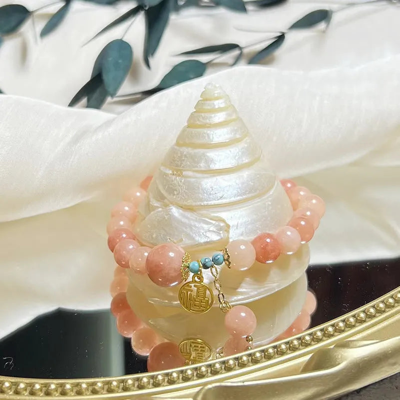 Pink natural stone charm bracelet with adjustable alloy chain for women