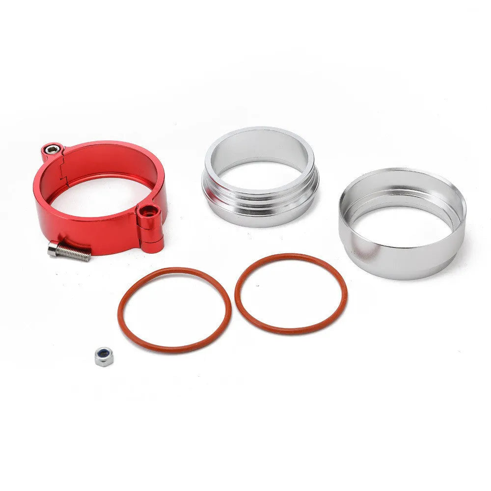 Aluminium fixed movement clamp for car exhaust in black, blue, or red, shown in 2 inch, 2.5 inch, and 3 inch sizes.