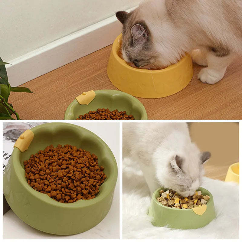 Green plastic double pet bowl with flower-shaped design and anti-tip base for cats and small dogs.
