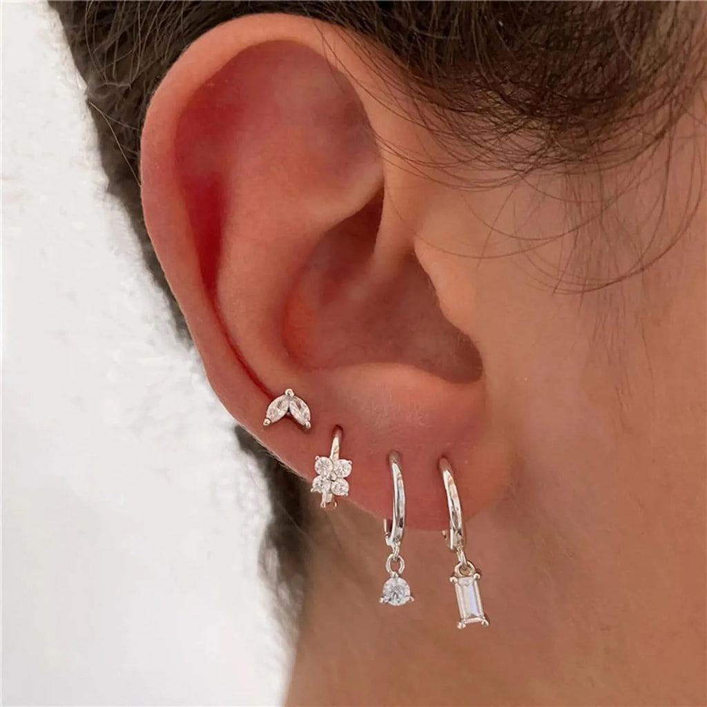 Copper geometric square earrings four-piece set with star and quadrilateral designs in gold or silver electroplated finish