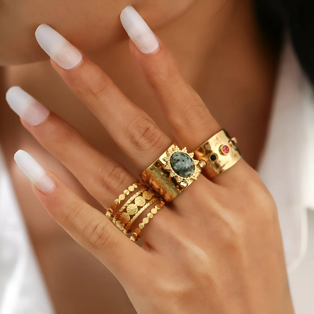 European and American retro micro-inlaid wide face ring set for women in light gold, open mouth alloy construction