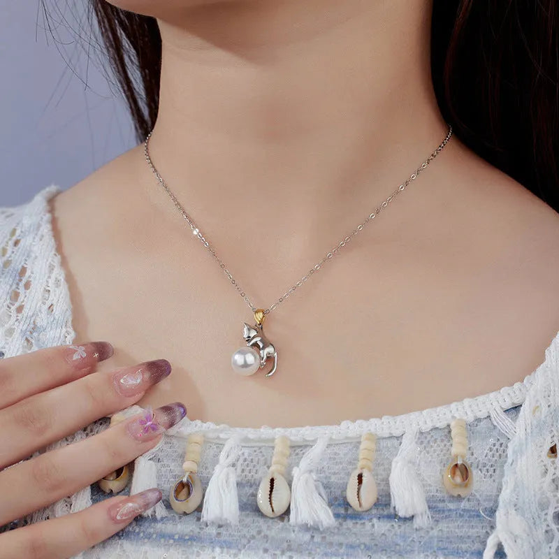 925 sterling silver clavicle chain necklace with cat pendant in multiple finish variations