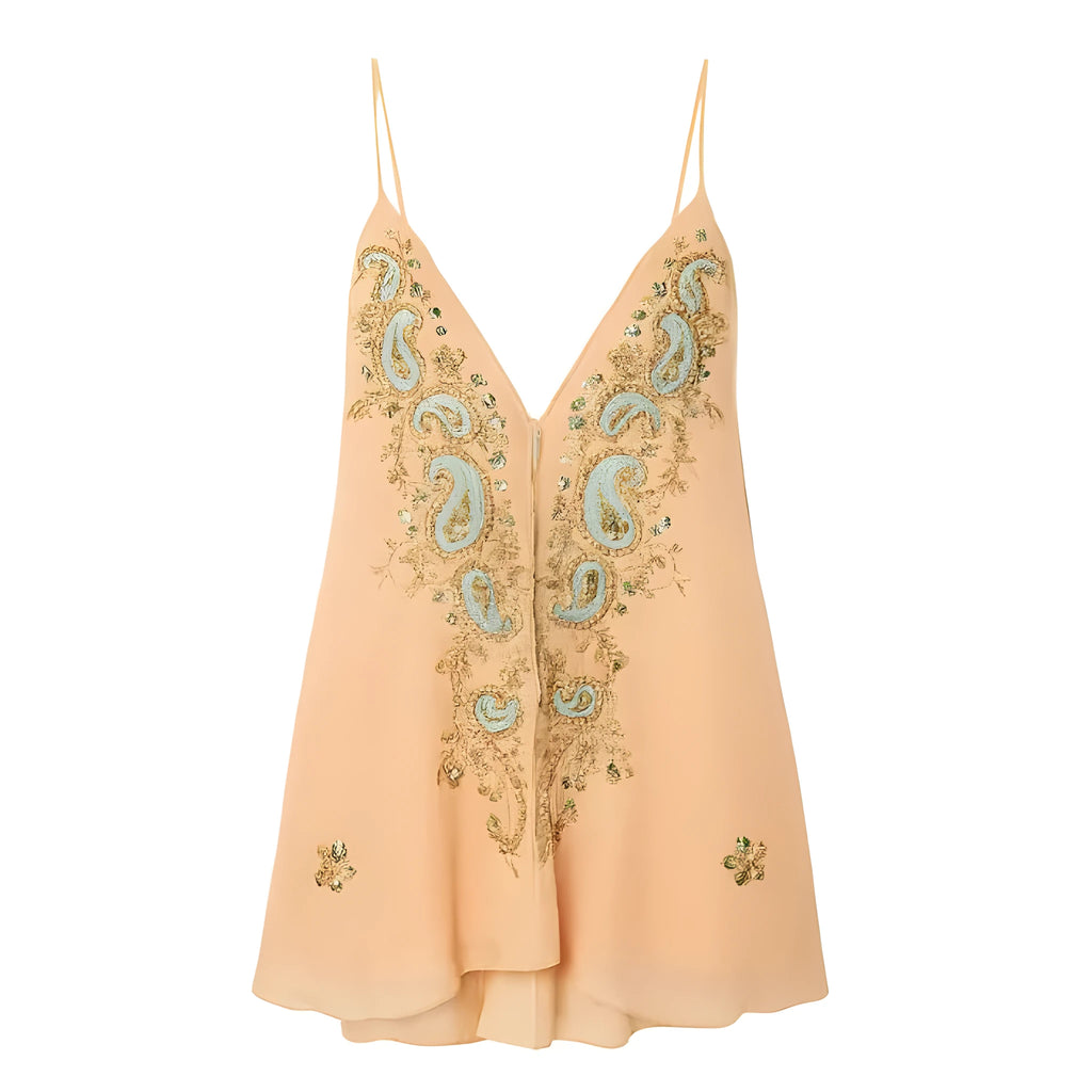 Light yellow ethnic print V-neck sling dress skirt with sleeveless design and short length.