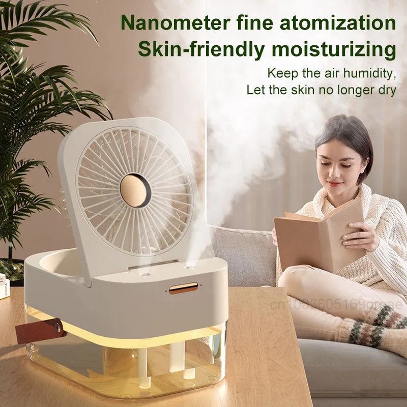 Pearl white desktop humidifier cooling fan with water tank, remote control, and night light on a wooden desk.