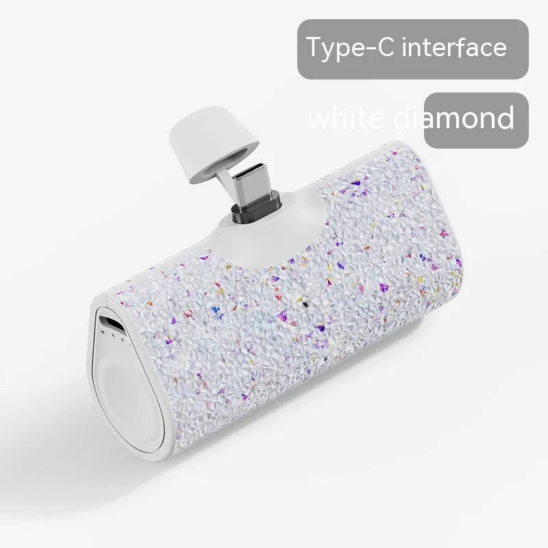 Diamond-embedded capsule emergency power bank 79x49x29mm with plastic shell and diamond decoration