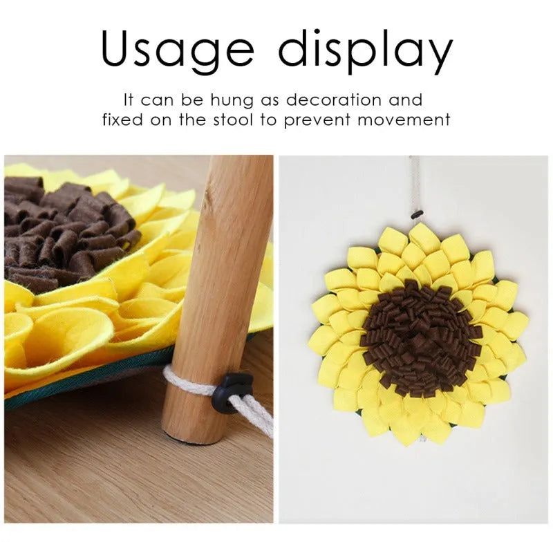 Yellow sunflower pattern dog snuffle mat with rope buckle for slow feeding and nosework games