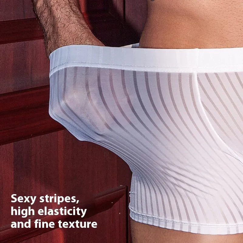 Men's black stripes boxer briefs made from breathable nylon fabric.