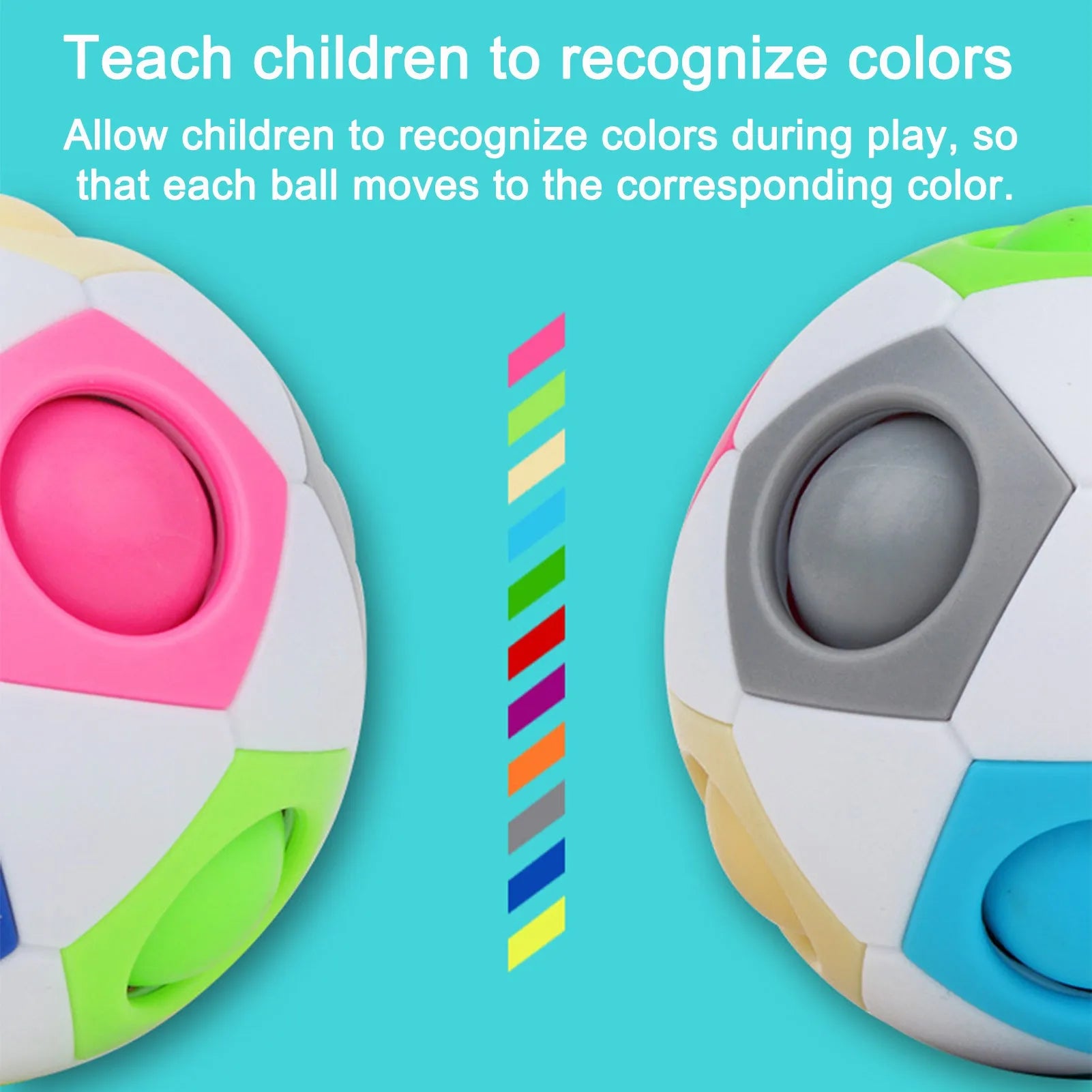 Colourful rainbow ball puzzle toy with visible holes, 5.5 cm in diameter.