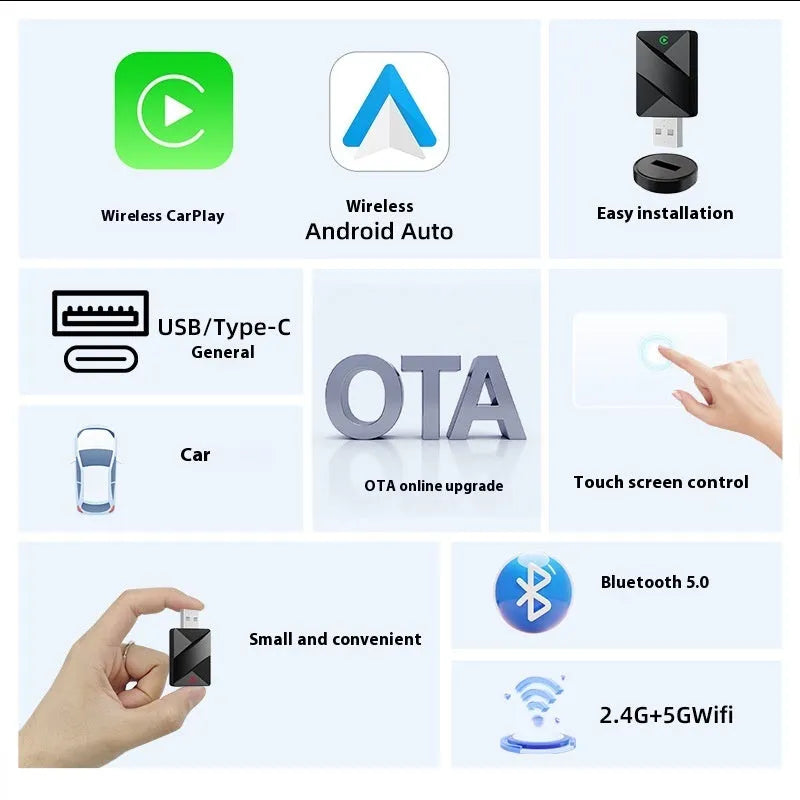 Black CarPlay wired to wireless conversion box with USB Type-C connector for universal car machines