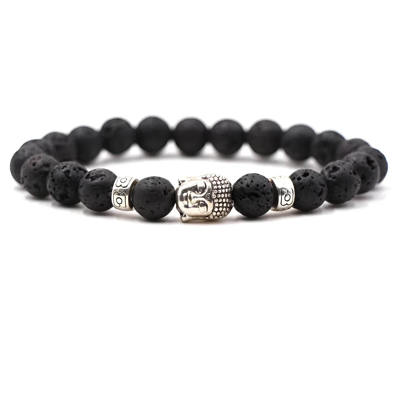 Natural stone stretch bracelet with round 8mm beads on a black background, showing Tigereye and turquoise colour options.