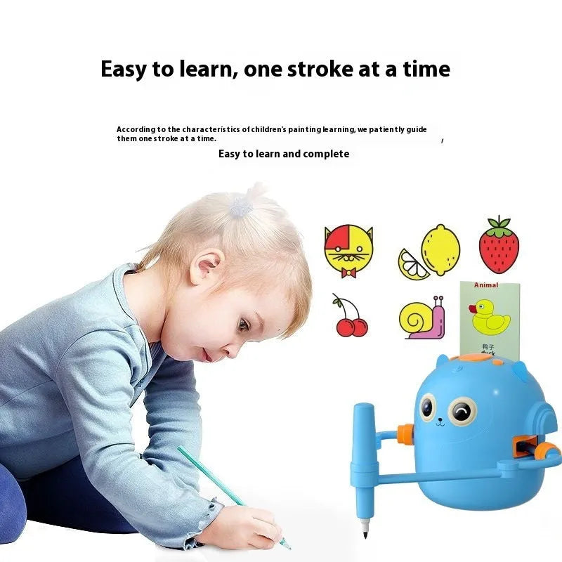 Lake blue plastic early education automatic painting robot with robotic arm and drawing cards for children 3-8 years old