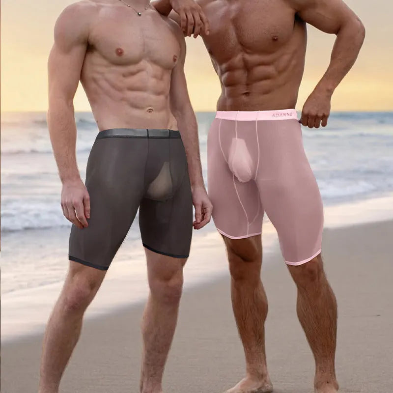 Men's solid colour seamless mesh home shorts in knitted nylon fabric