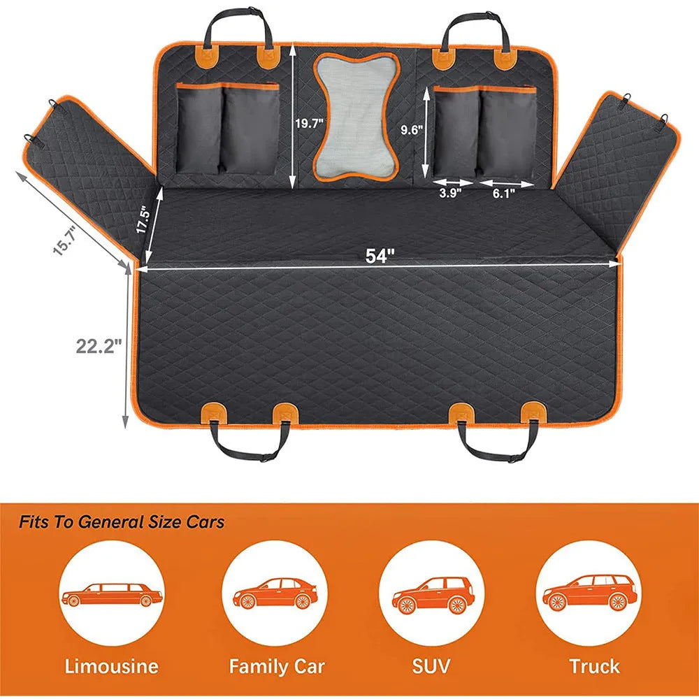 Black waterproof pet mat for car rear seats with orange trim, shown laid flat on a seat