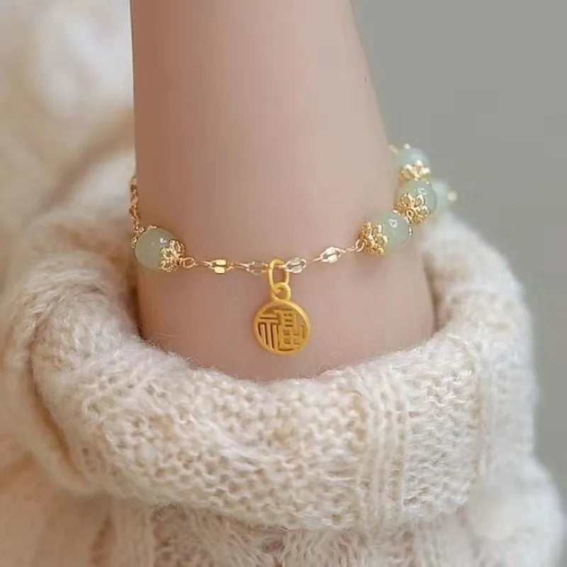Chinese style bamboo leaf glass bracelet for women with manual craftsmanship.