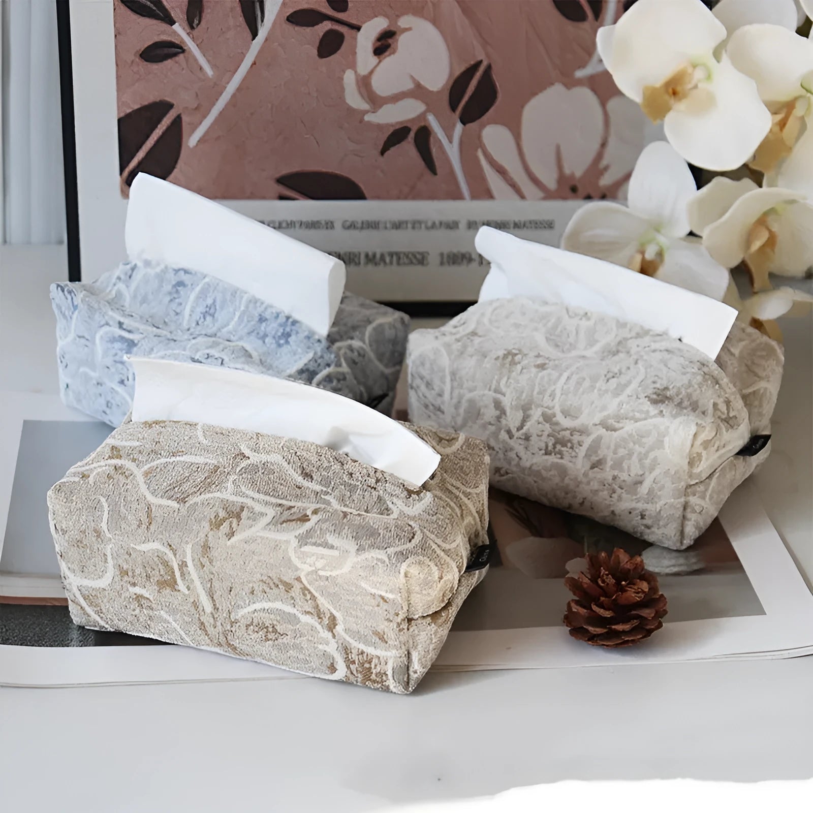 Pastoral style cotton fabric tissue box cover with rose detail in beige, blue, and brown.